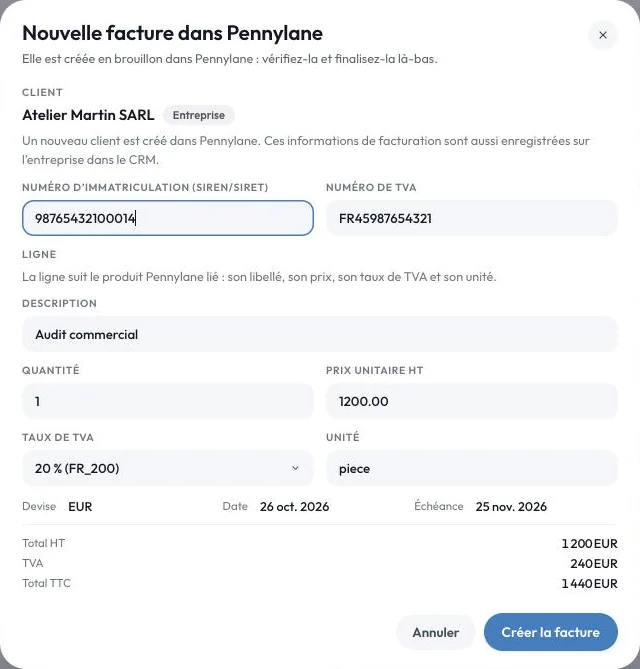 Fenêtre « Nouvelle facture Pennylane » dans TDACRM : client, ligne de produit, prix hors taxes, TVA 20 % et échéance déjà remplis