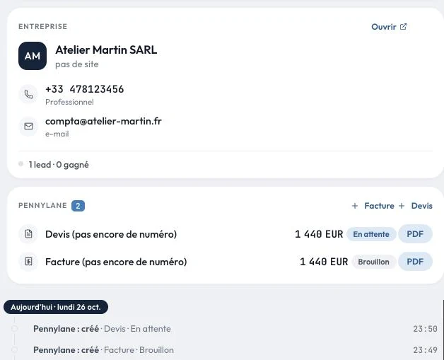 Fiche d’un prospect dans TDACRM : le bloc Pennylane avec un devis en attente et une facture brouillon de 1 440 €, et leur création dans l’historique