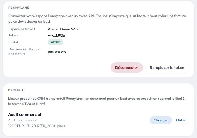 Page Paramètres › Intégrations › Pennylane dans TDACRM, avec l’espace Pennylane connecté et les produits liés